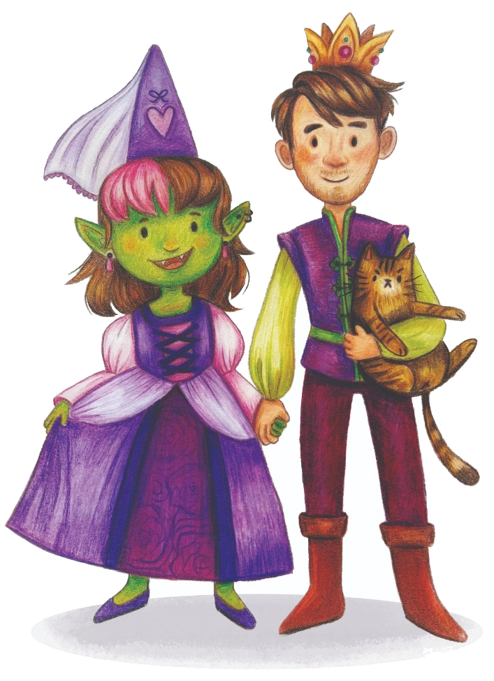 Storybook portrait of the couple as a goblin princess and a crowned knight, holding their cat