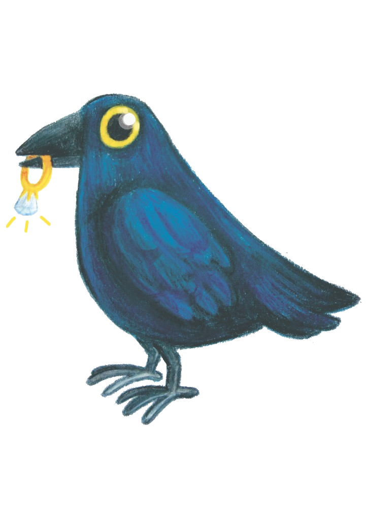 Crow holding a gold engagement ring