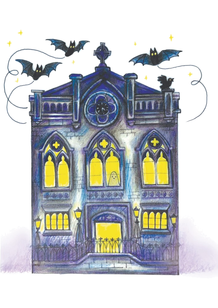 Whimsical gothic theatre illustration for Smock Alley