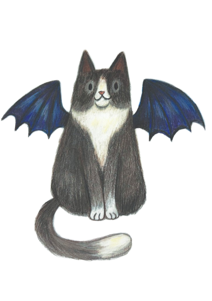 Tuxedo cat with bat wings